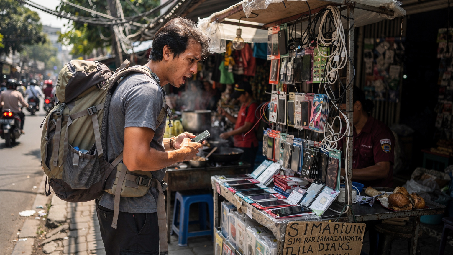 A frustrated traveler with a large backpack looks confusedly at a small, cluttered street-side stall selling SIM cards in a bustling Jakarta market, with blurred figures of street food vendors and motorbikes in the background under harsh midday sun.