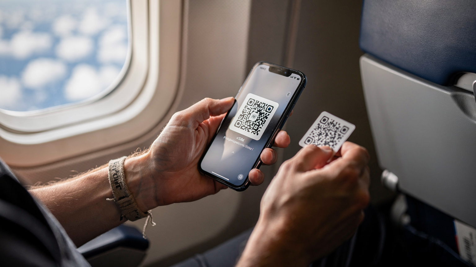 A close-up shot of a traveler's hands holding a smartphone, scanning an eSIM QR code on a second, smaller device or printed card, taken inside an airplane cabin during daylight, with a blurry window view of clouds.