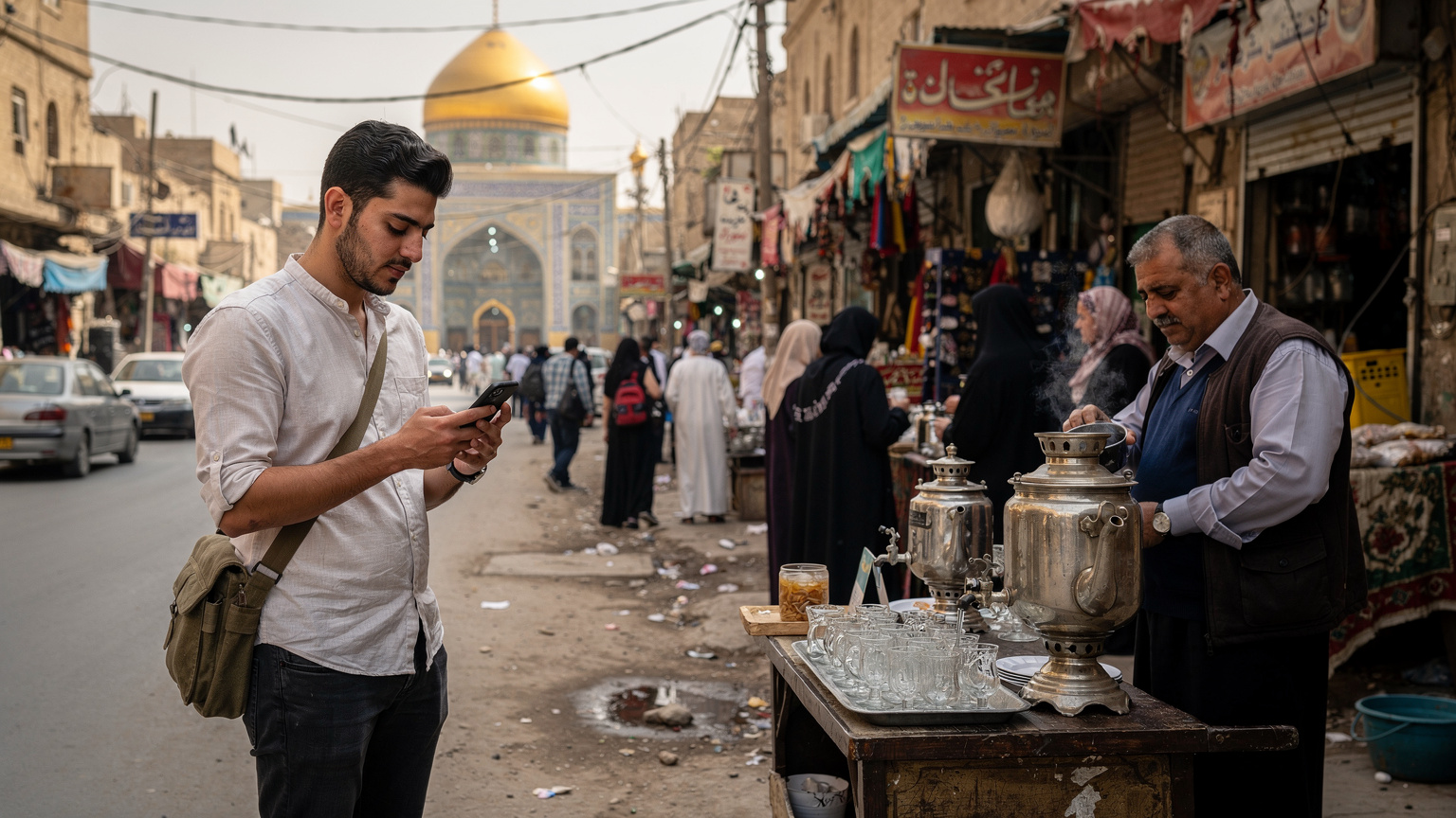 مسافر عربي في منطقة الكاظمية ببغداد، يستخدم هاتفه لتصفح الخرائط بجوار كشك شاي تقليدي.