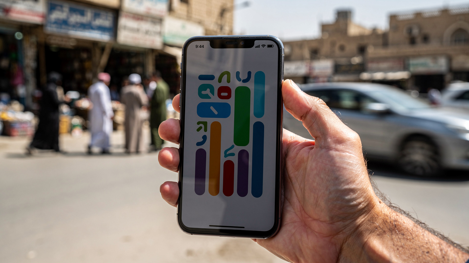 صورة مقربة ليد تحمل هاتفًا يعرض إعدادات استهلاك البيانات، مع خلفية غير واضحة لشارع مزدحم في بغداد.