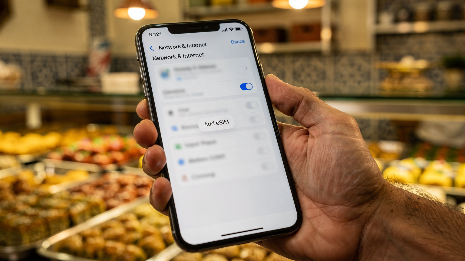 يد عربية تحمل هاتفًا يعرض إعدادات الشبكة، مع خيار إضافة eSIM، بينما تظهر خلفية غير واضحة لمحل عراقي تقليدي لبيع الحلويات.