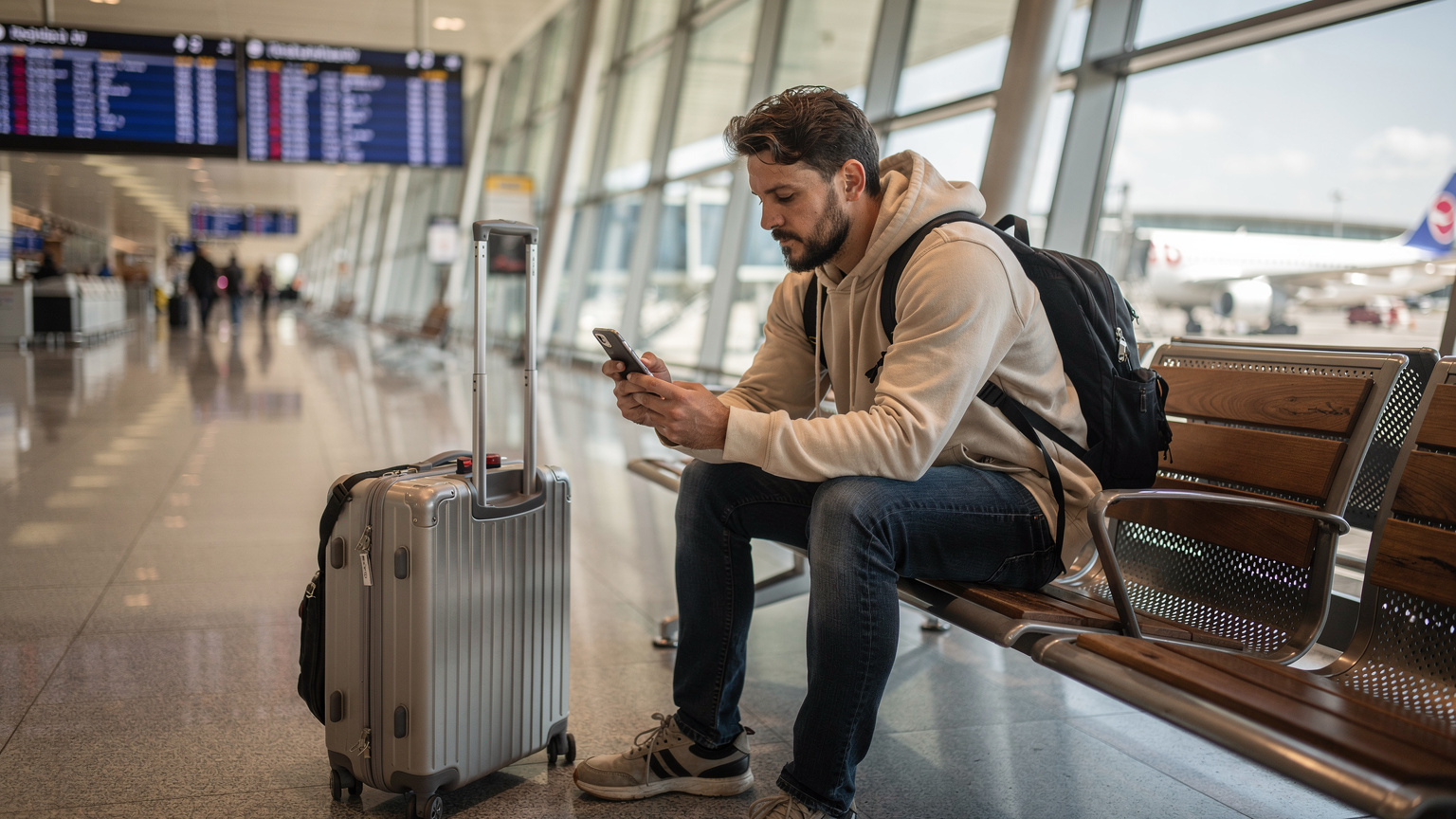 Yurt dışı havalimanında bir yolcu, valizinin yanında oturmuş, akıllı telefonunda QR kodu tarayarak eSIM aktivasyonunu tamamlıyor.