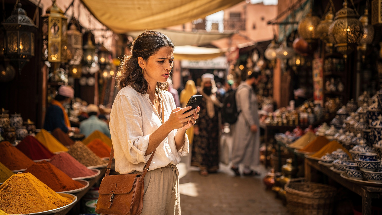 Una viaggiatrice in un affollato mercato di spezie a Marrakech, Marocco, sta consultando il suo telefono per verificare la copertura di rete mentre acquista prodotti locali.