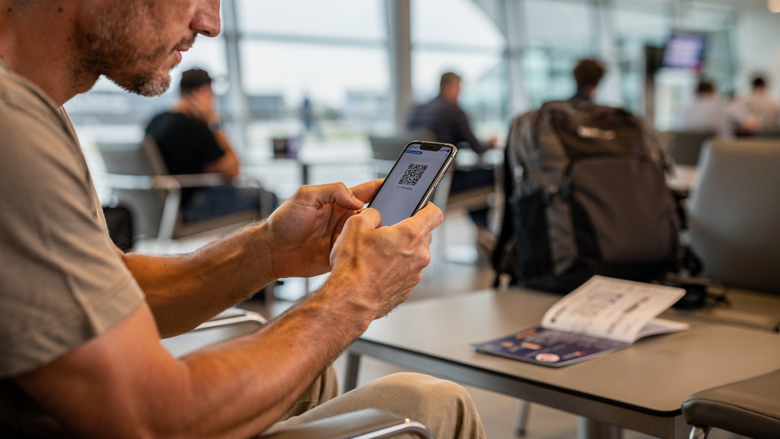 Un primo piano sulle mani di un viaggiatore che, seduto in un aeroporto, sta scansionando un codice QR sul suo smartphone per attivare una eSIM, con un passaporto e una borsa da viaggio sfocati sullo sfondo.