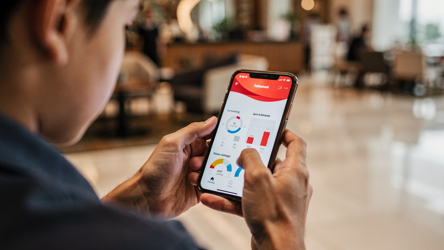 Close-up shot of an adult's hands holding a smartphone, displaying a data usage tracker app with a Telkomsel logo, showing available data and usage. In the background, out of focus, a child is peering over their shoulder, looking at the screen with curious expression. The setting is a brightly lit, modern hotel lobby in Jakarta, with soft ambient light.