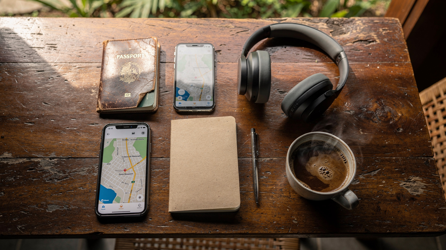An overhead flat-lay shot on a rustic wooden table in a Balinese cafe. Elements include a passport, a smartphone displaying a map application, noise-cancelling headphones, a small journal, a pen, and a cup of local Indonesian coffee. The lighting is soft and natural, suggesting a relaxed planning session.