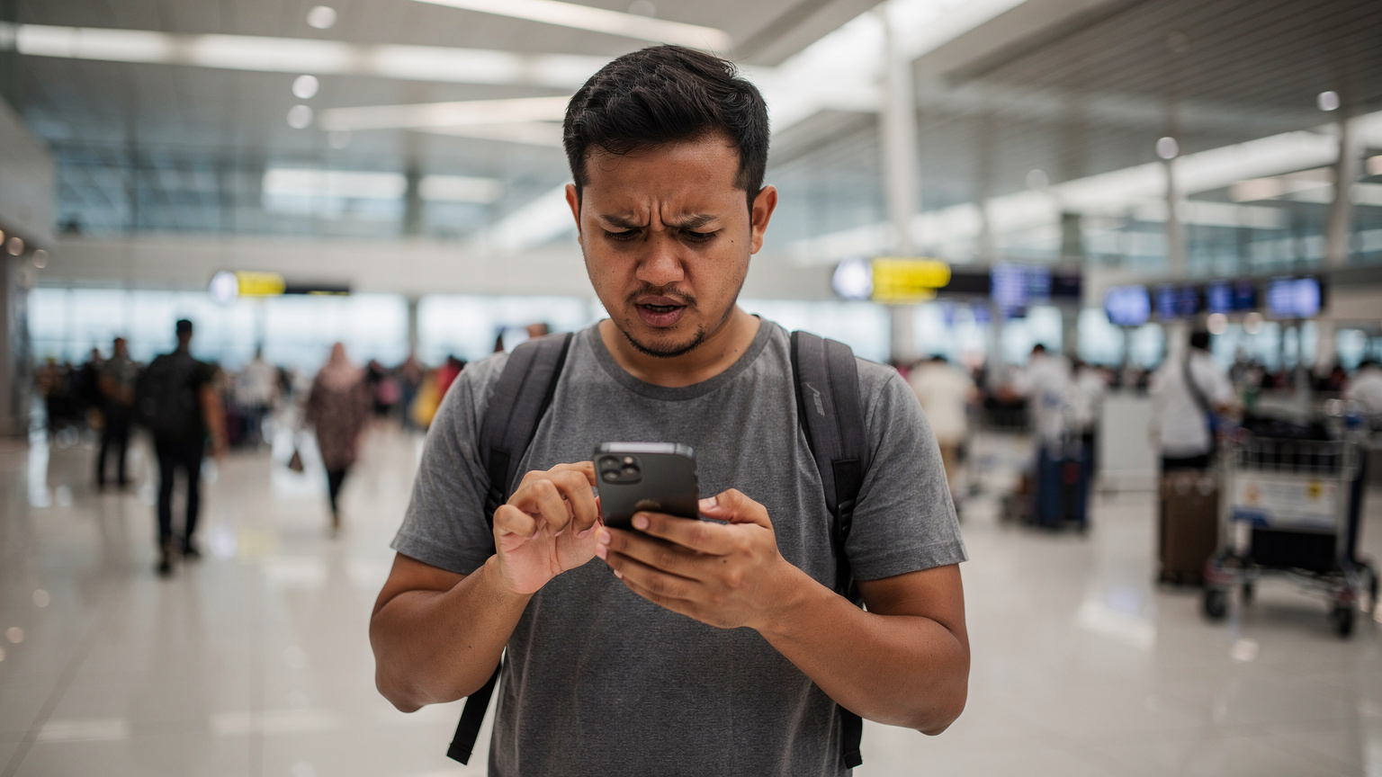 A traveler in a crowded Terminal 3 at Soekarno-Hatta International Airport in Jakarta, looking stressed and trying to troubleshoot their phone, with blurred airport activity in the background, capturing a common travel frustration.