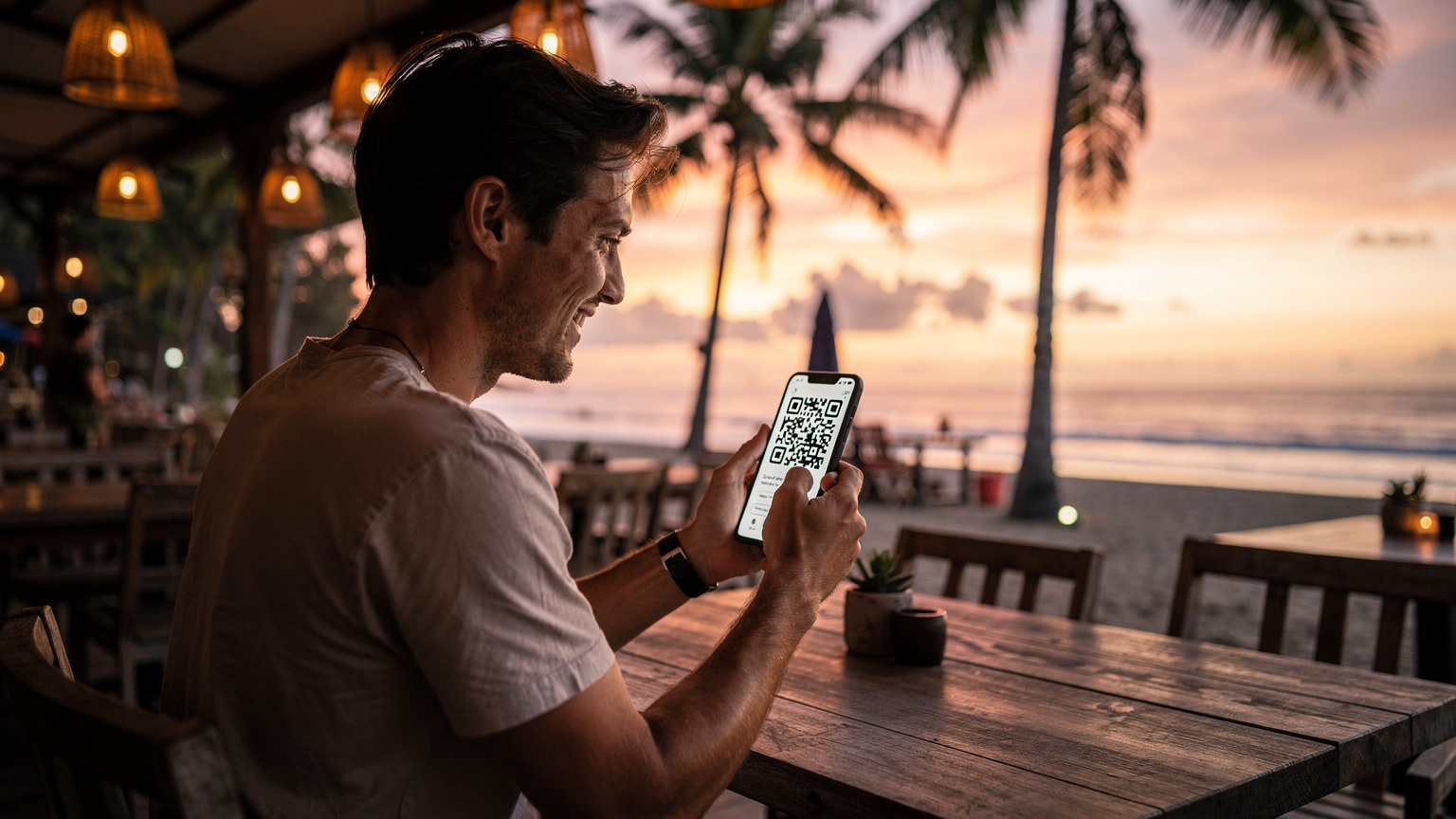 A traveler smiles, looking at their phone with a Telkomsel eSIM QR code on the screen, while sitting at a cafe overlooking Seminyak Beach in Bali, Indonesia, with palm trees and a vibrant sunset in the background.