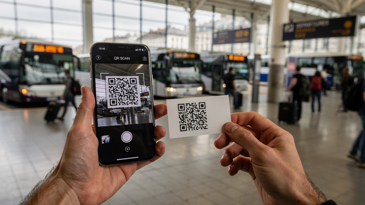 Gros plan sur les mains d'un voyageur scannant un QR code eSIM avec son smartphone dans un environnement de gare routière animée, avec des bus en arrière-plan flou.