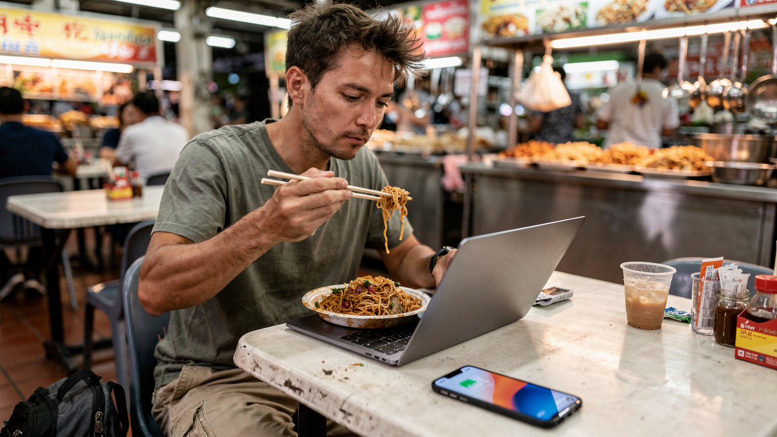 Un nomade digital déjeune rapidement un pad thaï dans un food court animé de Bangkok, tout en tapant sur son ordinateur portable, son téléphone posé à côté avec un signal réseau fort.