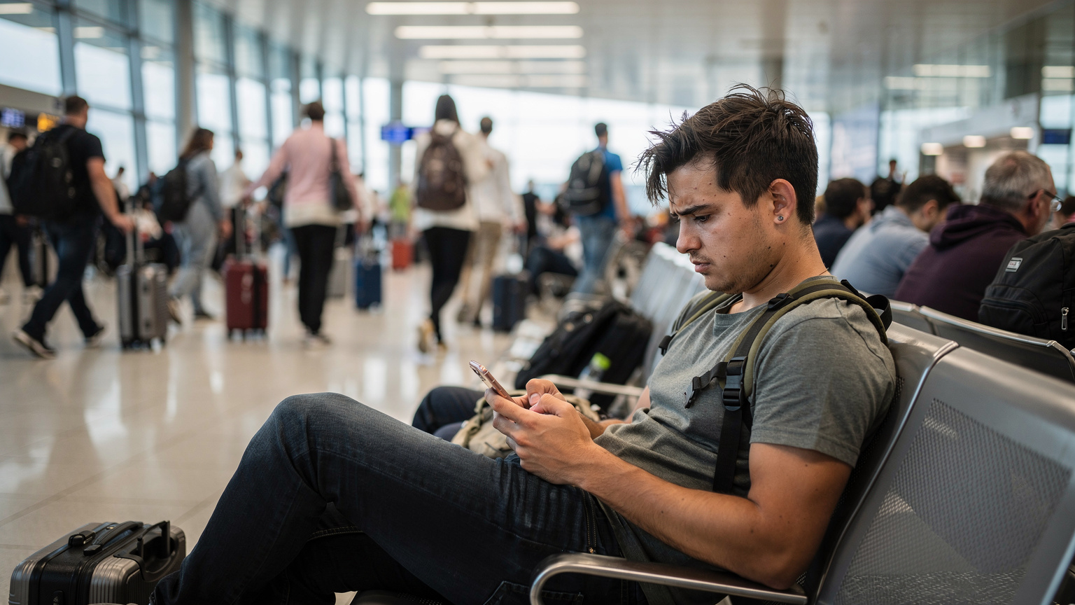 Ein junger Reisender sitzt an einem überfüllten Flughafen-Gate in Warschau, blickt besorgt auf sein iPhone 11 und versucht, eine Verbindung herzustellen, während andere Reisende geschäftig vorbeigehen.