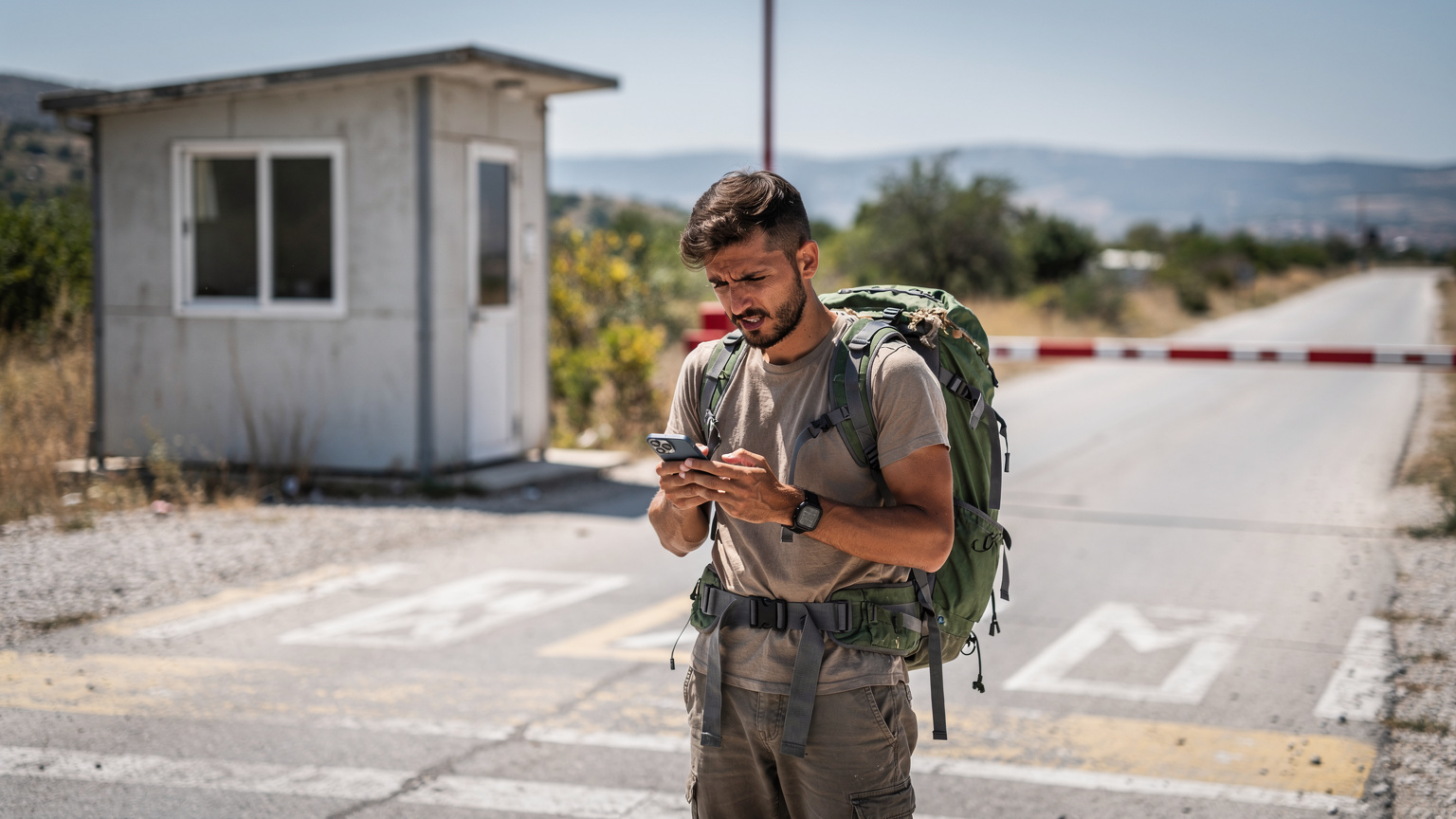 Ein junger Mann mit Rucksack checkt sein iPhone 11 am Grenzübergang von Albanien nach Nordmazedonien, im Hintergrund sieht man die Schranken und ein kleines Zollhäuschen.