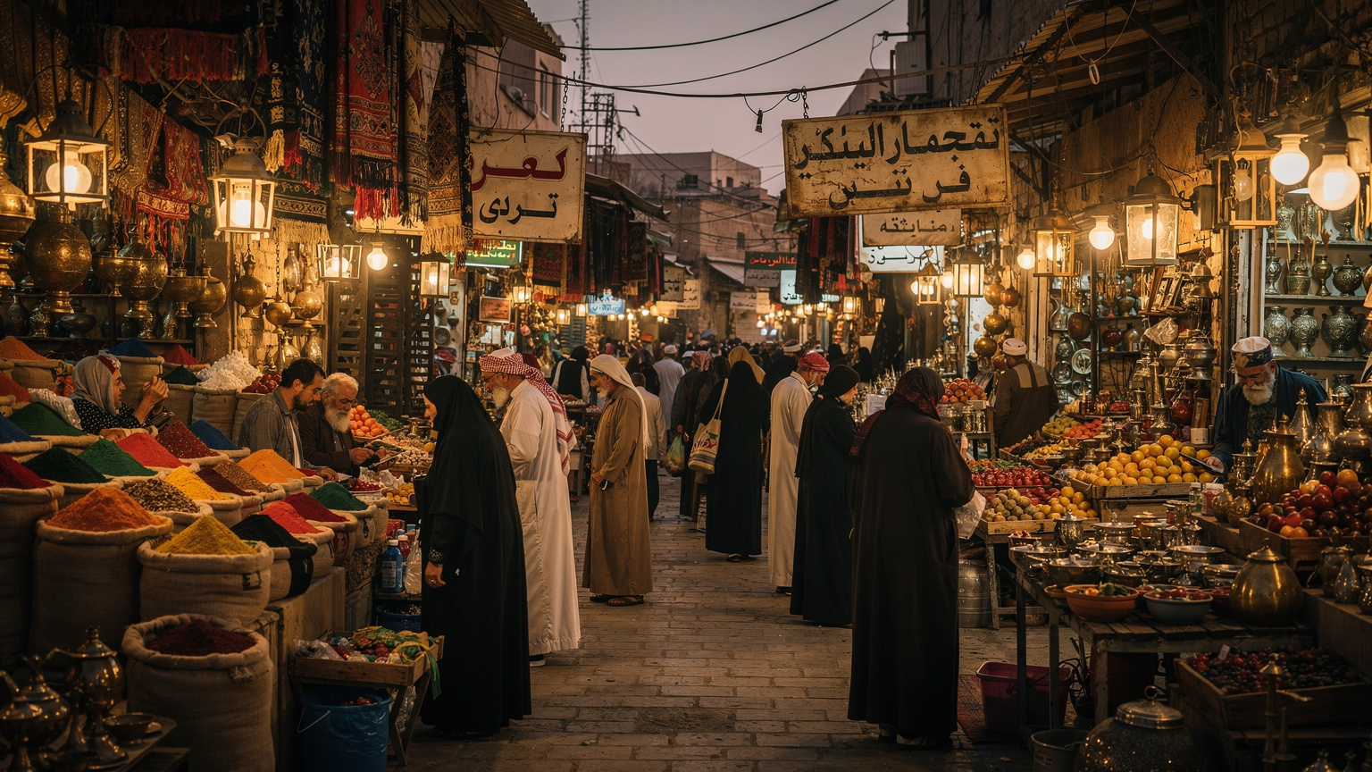 سوق شعبي مزدحم في بغداد خلال المساء، يظهر باعة يضيئون أكشاكهم بالفوانيس، ومتسوقين يتجولون بين البضائع المتنوعة، مع لافتات عربية مضيئة تضفي حيوية على المشهد.