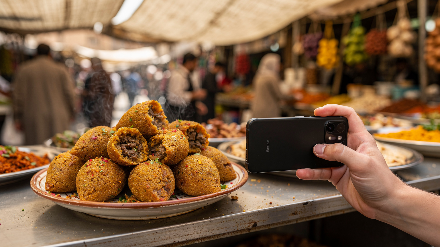 يد شاب عربي تحمل هاتفاً ذكياً تلتقط صورة مقربة لطبق كبة عراقي تقليدي في سوق شعبي حيوي ببغداد، مع خلفية ضبابية للباعة والمارة.
