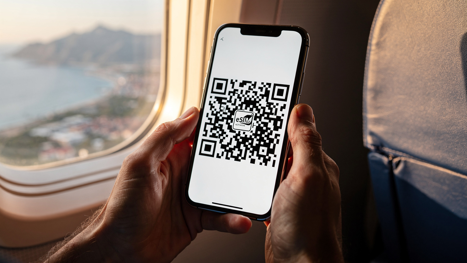 Крупний план рук, які тримають смартфон з QR-кодом eSIM на екрані, на фоні вікна літака, що приземляється в аеропорту Анталії.