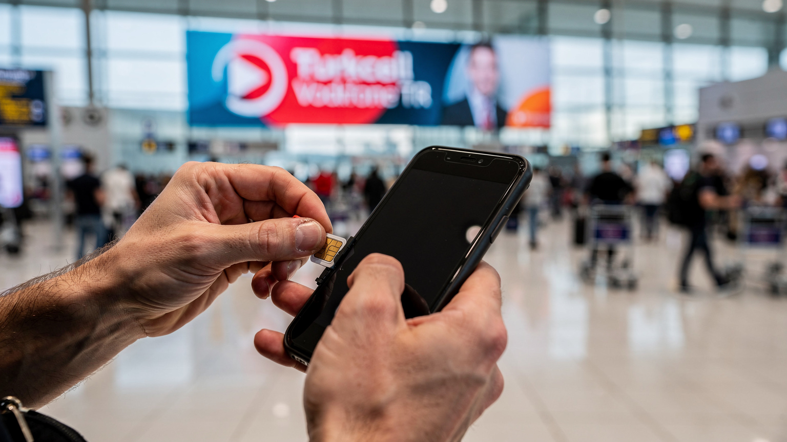 Руки туриста, який намагається вставити фізичну SIM-карту в смартфон біля стійки реєстрації в аеропорту Стамбула, на фоні банера турецького мобільного оператора.