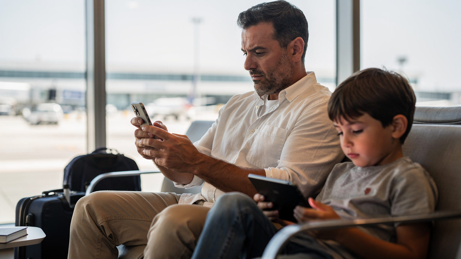 أب يجلس مع ابنه في مطار أثينا الدولي، يمسك بهاتفه ويقوم بمسح رمز QR لتفعيل شريحة eSIM بينما يبدو الطفل مشغولاً بهاتفه اللوحي.
