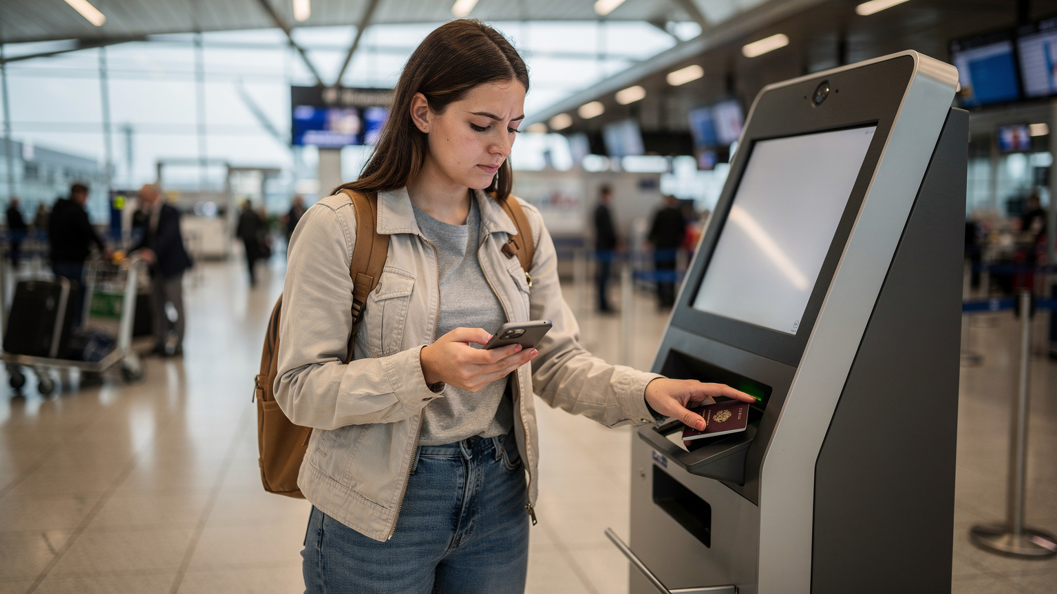 O femeie tânără verifică ecranul telefonului său în timp ce scanează un pașaport la un automat de check-in dintr-un aeroport plin de oameni din Frankfurt, Germania.