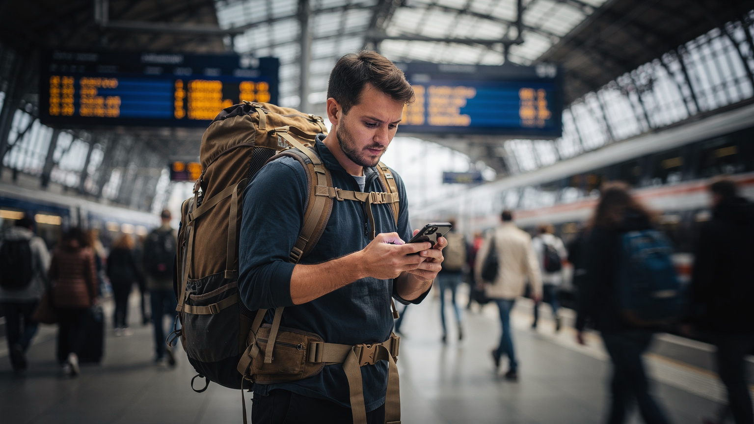 Un călător cu rucsac mare stă pe peronul aglomerat al unei gări din Berlin, folosind telefonul pentru a verifica orarul trenurilor, cu panouri electronice de informații în fundal.