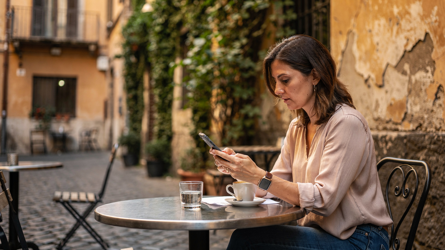 Una donna seduta a un tavolino di un caffè all'aperto a Trastevere, Roma, sta concentrata sul suo smartphone, con una tazza di cappuccino e un bicchiere d'acqua sul tavolo, in un pomeriggio soleggiato.