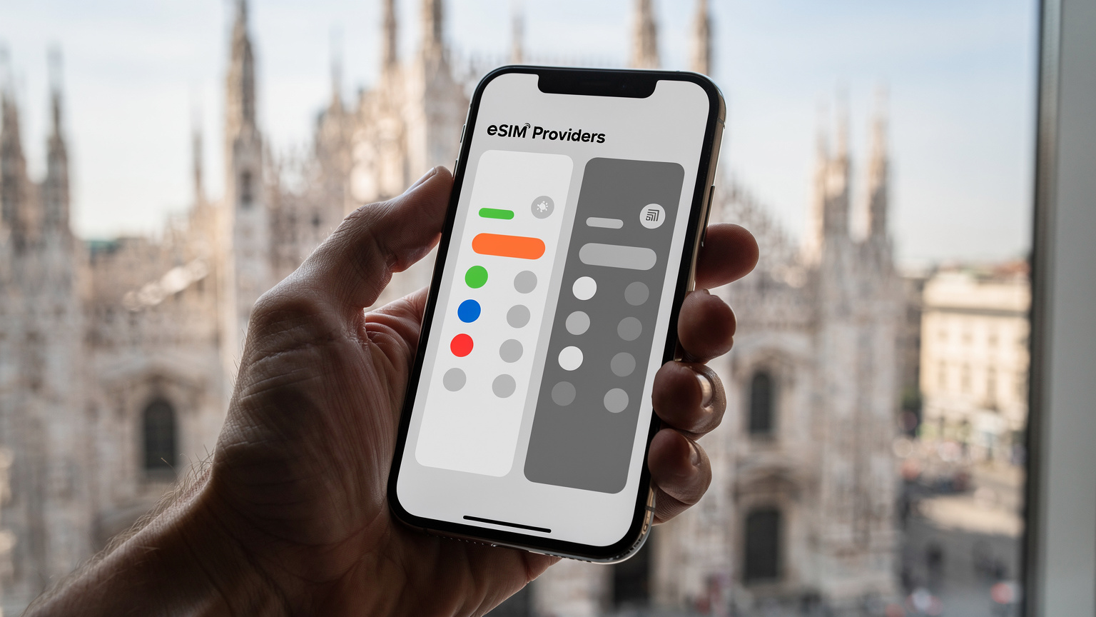 Primo piano di una mano che tiene uno smartphone e mostra una schermata di confronto tra due provider eSIM, con un'interfaccia pulita e dati chiari, mentre sullo sfondo, sfocato, si intravede il Duomo di Milano.