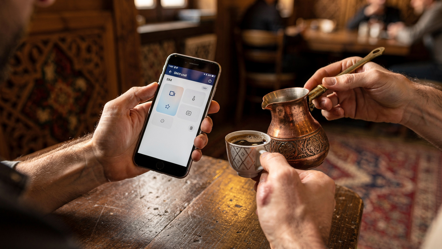 Eine Nahaufnahme eines Smartphones, das die eSIM-Einstellungen auf dem Bildschirm anzeigt, gehalten von einer Hand, die eine Tasse traditionellen bosnischen Kaffees in einem Café in Sarajevo hält.
