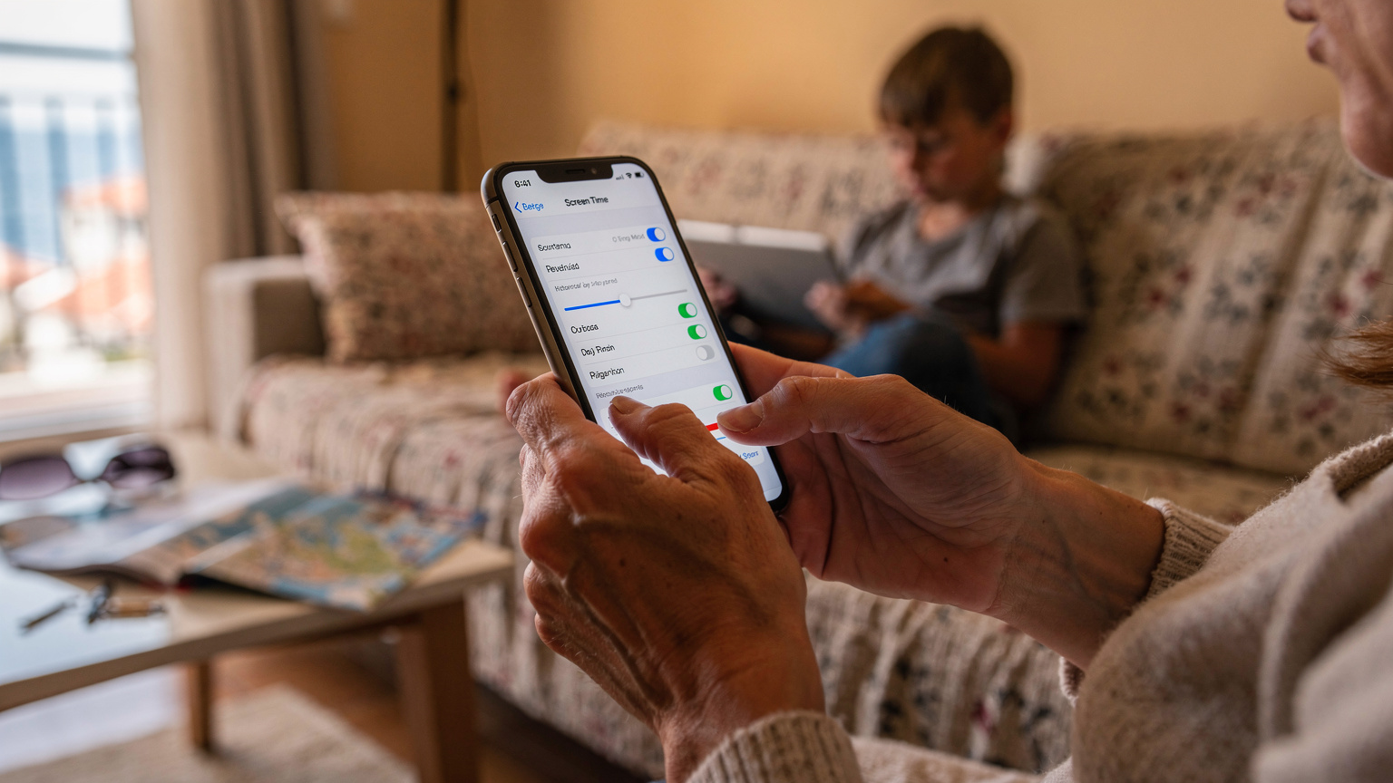 Nahaufnahme der Hände einer Mutter, die auf einem Smartphone die Einstellungen für die Bildschirmzeit und Kindersicherung anpasst, mit einem Kind im Hintergrund, das auf einem Tablet spielt.