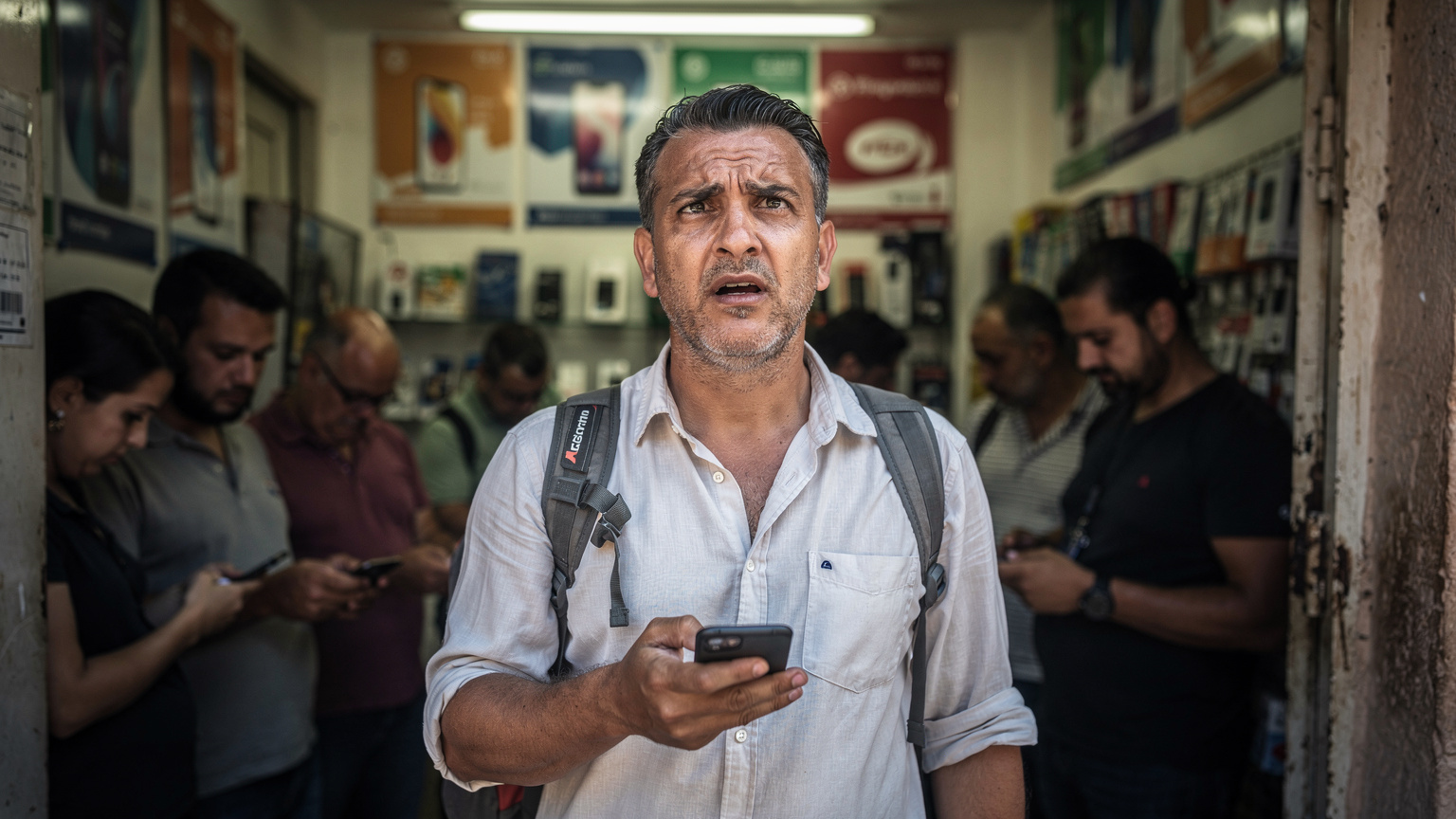 Un homme d'âge moyen, visiblement un voyageur, exprime sa frustration en tenant son smartphone, le regard tourné vers le ciel, visiblement déçu. Il est dans la queue d'une petite boutique de téléphonie tunisienne, avec des affiches d'opérateurs locaux (sans logos lisibles) en arrière-plan et d'autres personnes qui attendent. L'éclairage est une lumière d'intérieur un peu terne, avec un léger contre-jour provenant de la rue. L'objectif est un 28mm grand-angle, capturant l'expression de l'homme et une partie de l'environnement pour contextualiser la scène. Le style est une photographie éditoriale, capturant un "moment problème" de voyage. Aucun logo lisible, aucune interface utilisateur visible sur le téléphone.