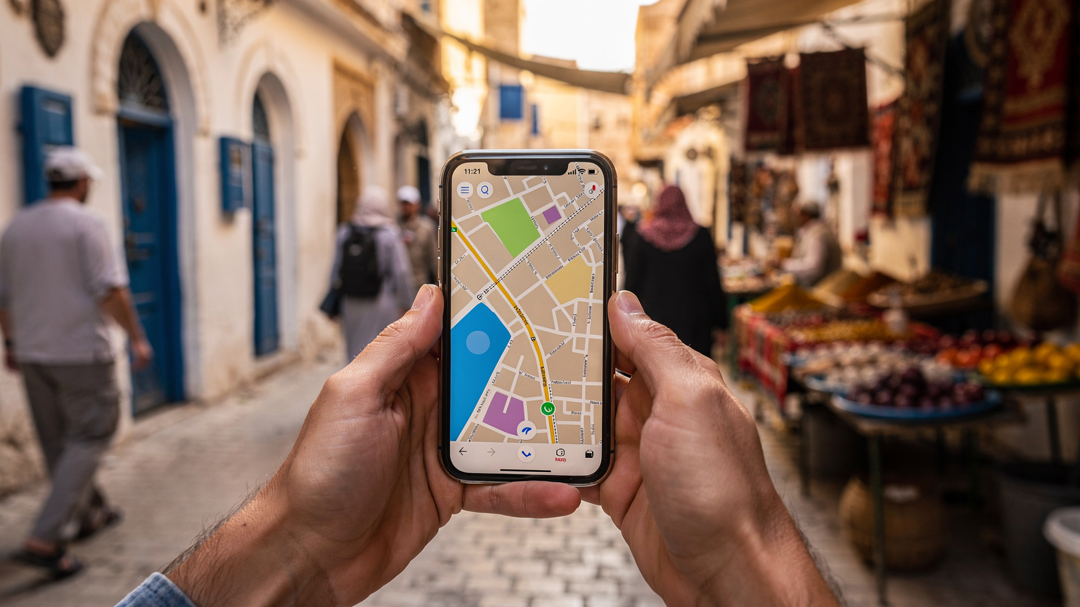 Un voyageur consulte des cartes et des itinéraires sur son smartphone, les mains tenant un appareil mobile avec un écran lumineux. En arrière-plan, une scène animée de la Médina de Tunis avec des étals de souk et des passants, floue mais reconnaissable. La lumière est chaude et naturelle, caractéristique d'un après-midi ensoleillé. L'objectif est un 50mm, avec une faible profondeur de champ f/1.8, mettant l'accent sur le téléphone et les mains tout en suggérant l'environnement typique du marché tunisien. Le style est une photographie éditoriale documentaire, centrée sur l'expérience du voyageur. Aucune interface utilisateur visible, aucun logo lisible.