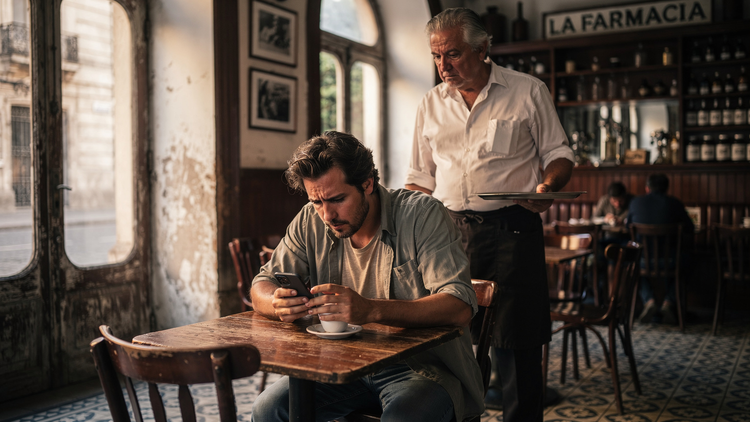 Un nómada digital sentado en una mesa de un café en Montevideo, revisando su teléfono con una expresión de frustración, mientras un camarero lo mira con preocupación. La luz de la tarde entra suavemente por la ventana.