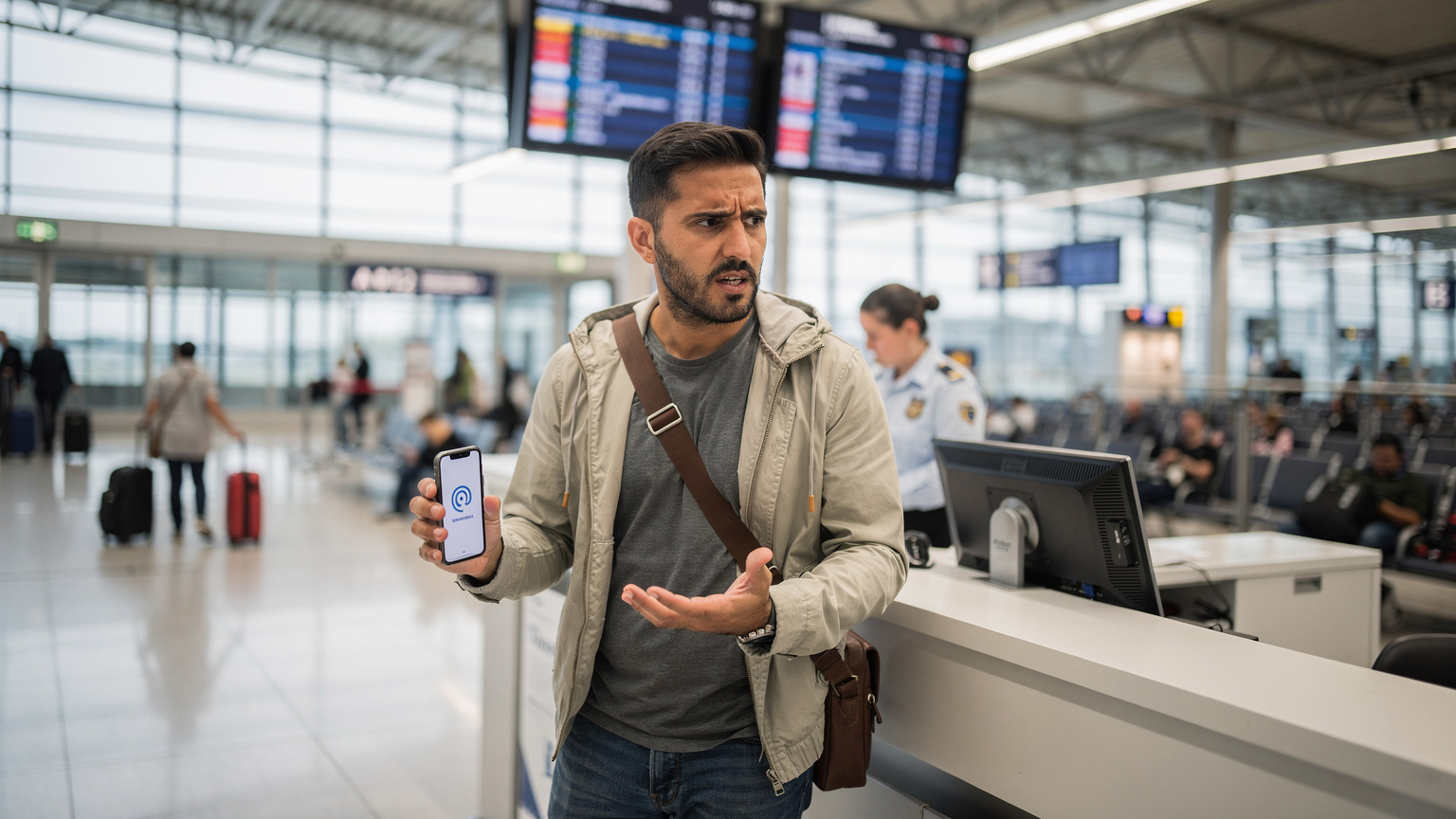 Un turista frustrato al banco informazioni di un aeroporto italiano affollato, il suo smartphone che mostra un'icona di assenza di segnale. La scena è illuminata da luci fluorescenti tipiche degli interni aeroportuali, catturata con un'ottica grandangolare.