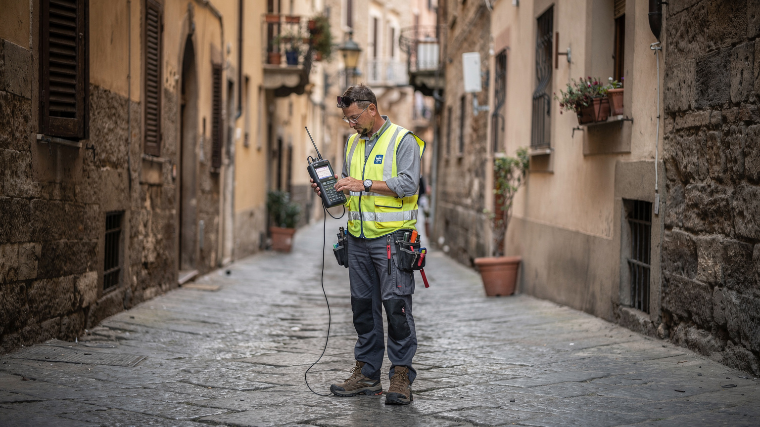 Un tecnico delle telecomunicazioni con un gilet ad alta visibilità misura la potenza del segnale 5G con un analizzatore di spettro portatile, in un vicolo acciottolato di un centro storico italiano, con un'architettura antica sullo sfondo.