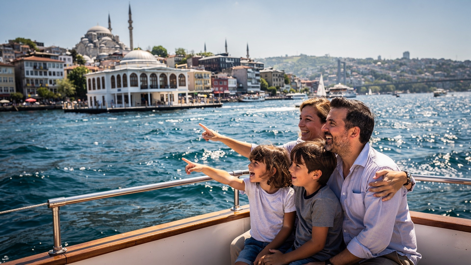 O familie se bucură de o plimbare cu barca pe Bosfor, în Istanbul, cu copiii indicând spre obiective turistice și părinții zâmbind, în timpul unei zile însorite.