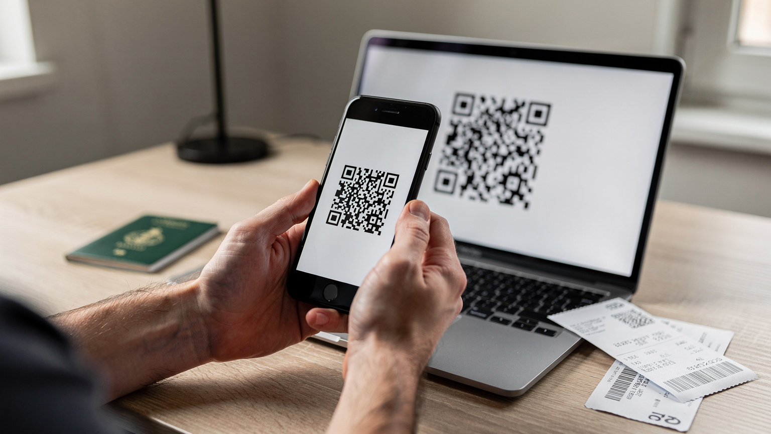 O persoană scanează un cod QR de pe ecranul unui laptop cu un iPhone, având un pașaport și un bilet de avion lângă, într-un birou acasă, pregătindu-se de călătorie.