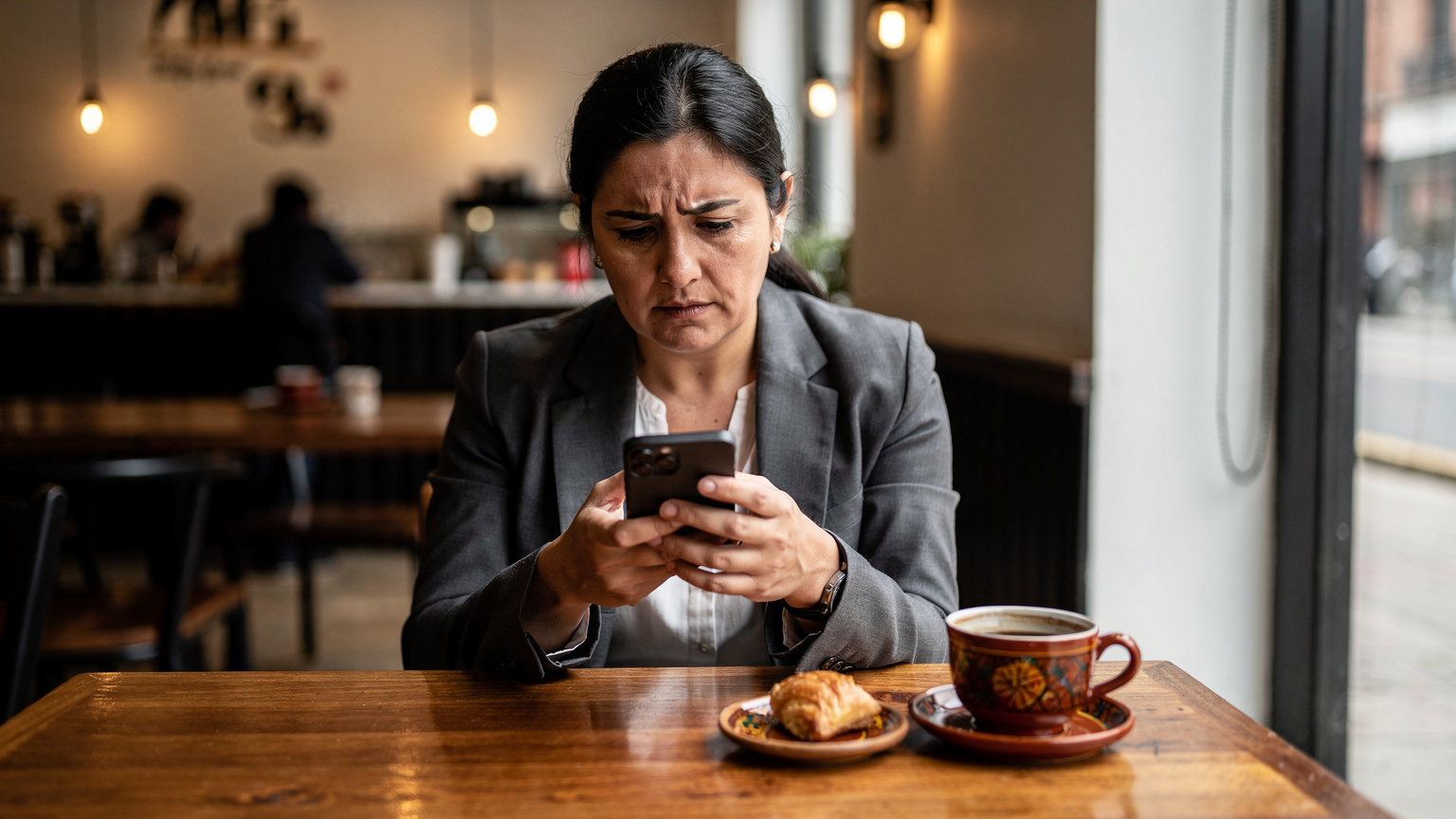 A person in a cafe in Santa Cruz, Bolivia, looking concerned at their smartphone, perhaps due to a connectivity issue, with a traditional Bolivian coffee cup on the table.