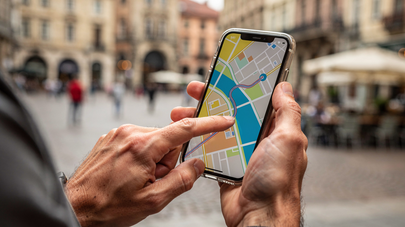 Eine Nahaufnahme zeigt die Hände eines Reisenden, der auf einem Smartphone in einer Routenplanungs-App einen Zielpunkt markiert, während im Hintergrund verschwommen eine belebte europäische Altstadt erkennbar ist.