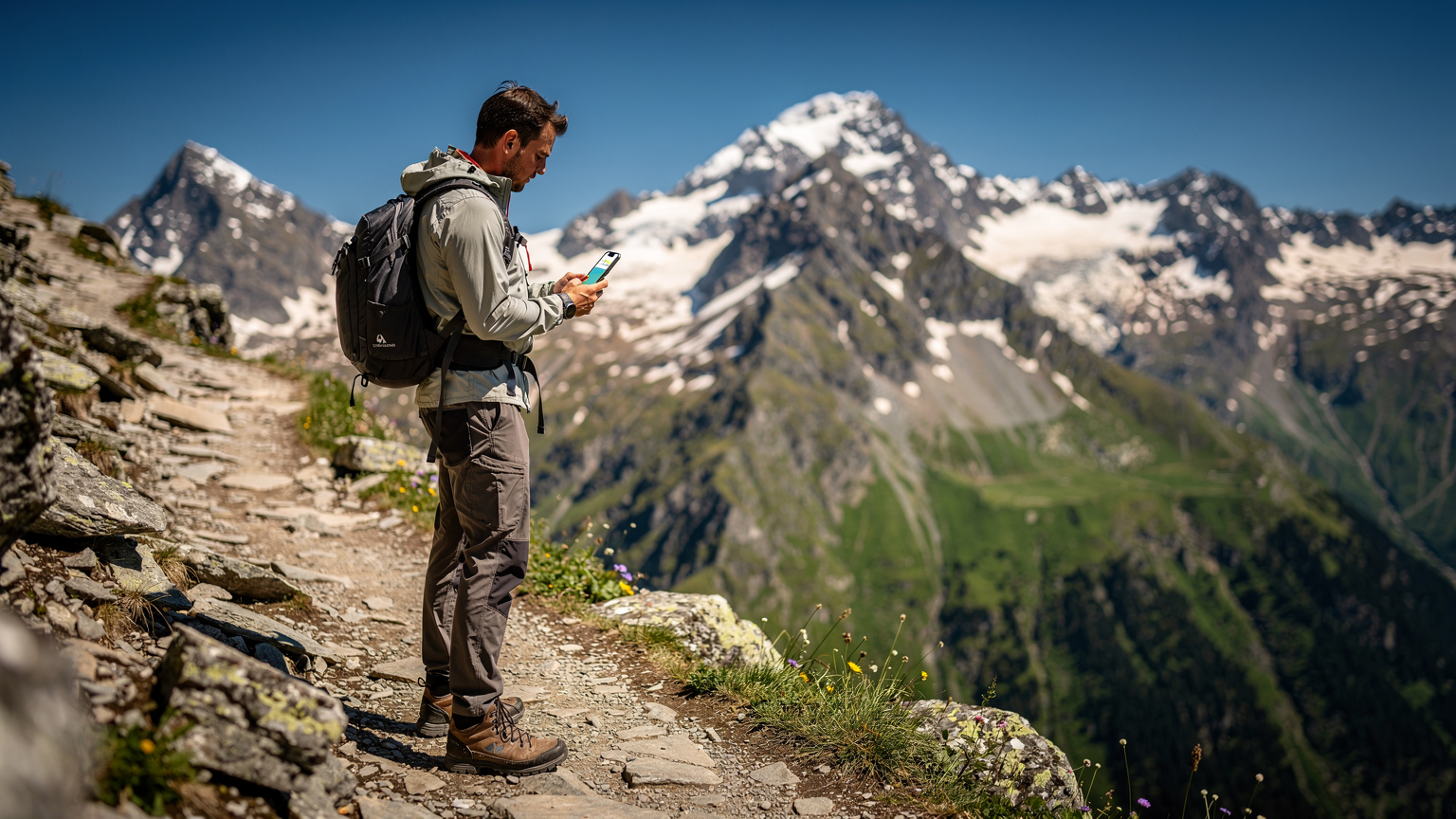 Ein Reisender auf einem Bergpfad in den Alpen, der auf sein Smartphone schaut, das eine Wanderkarte anzeigt, während im Hintergrund majestätische Gipfel aufragen.