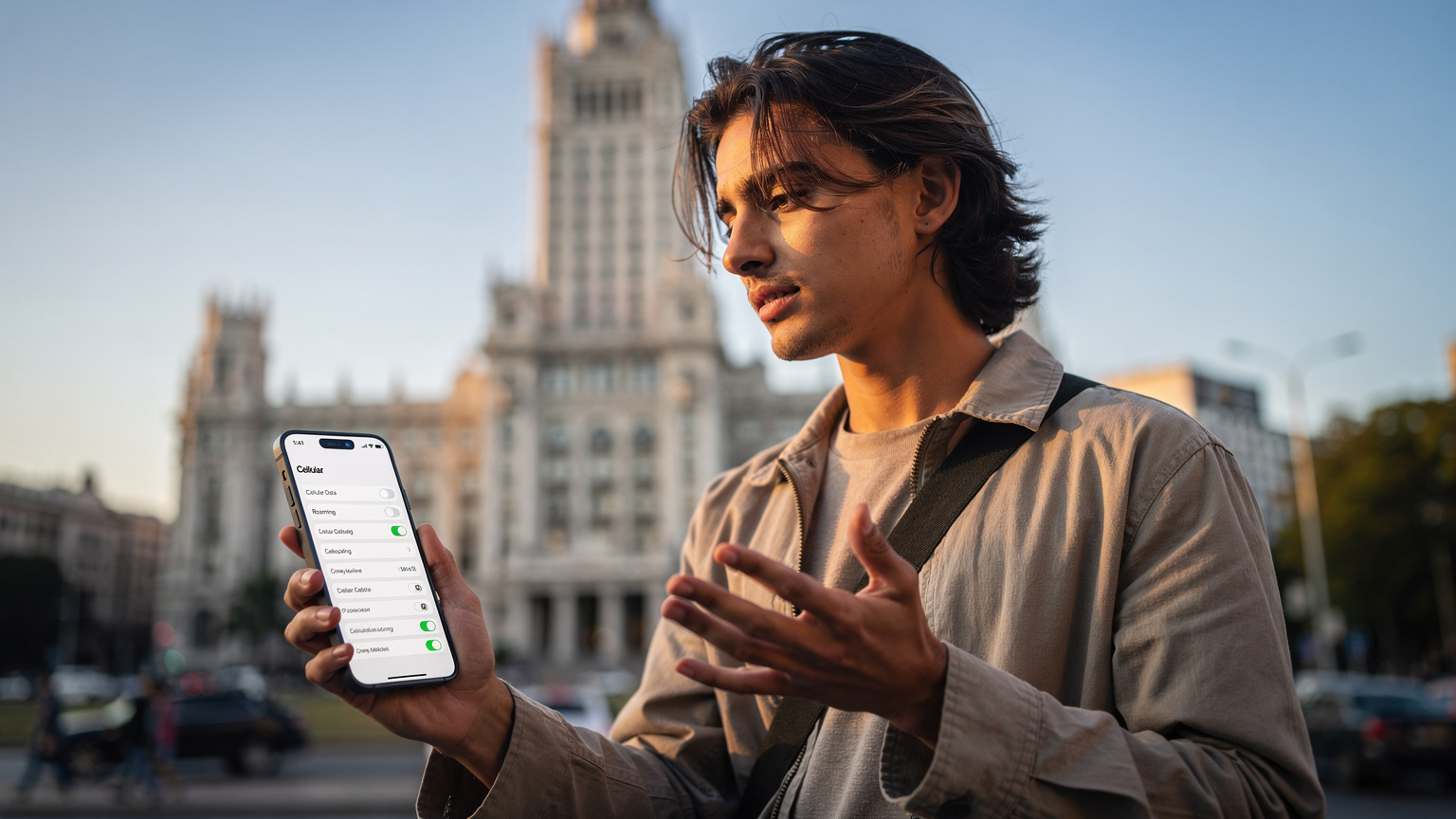 Traveler holding phone with cellular settings against Montevideo's Palacio Salvo, contemplating eSIM vs. local SIM.