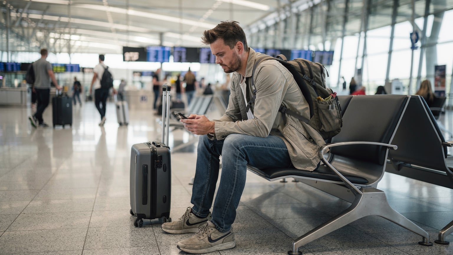 A traveller looking frustrated at their smartphone screen, sitting on a bench in a bustling airport terminal in Frankfurt, Germany. Luggage is around them.