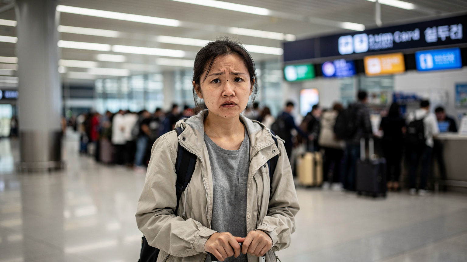 一位中国女性游客在韩国仁川机场的到达大厅,她面前的SIM卡销售柜台前排着长队,旅客脸上略显不耐烦。