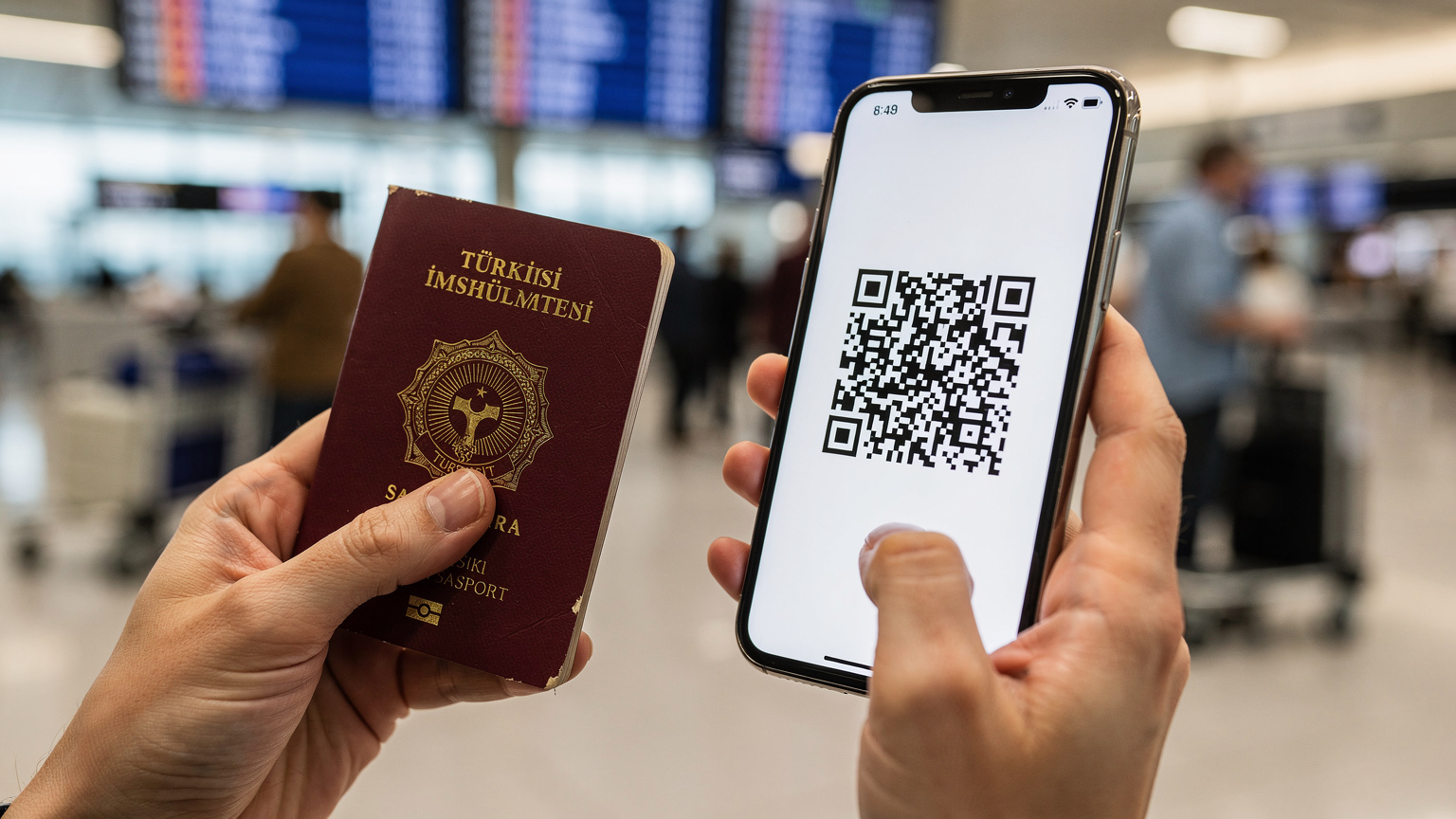 Yoğun bir havaalanı terminalinde, bir kadının elinde pasaportu ve akıllı telefonuyla, eSIM kurulumu için QR kodu tarama anını gösteren yakın çekim.