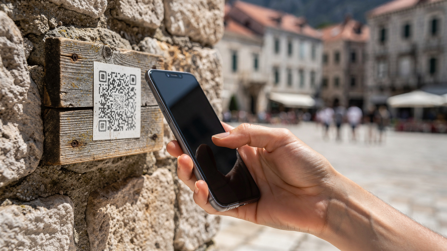 Рука жінки тримає свій смартфон, скануючи QR-код з інформаційного стенда на площі в Старому місті Котора, Чорногорія.