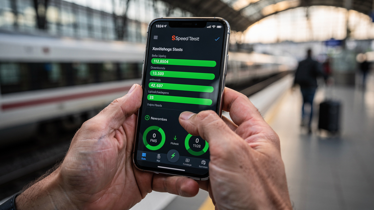 A traveler's hands hold a smartphone displaying the Ookla Speedtest app results, showing high download and upload speeds, against a blurred background of a European train station platform.