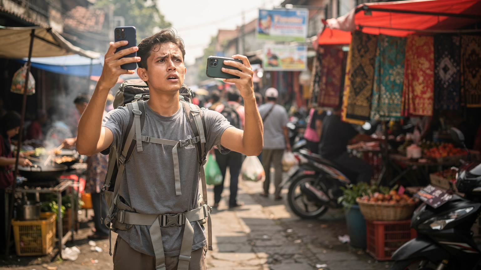 A traveler in a crowded Indonesian street market checks their phone for signal strength, looking slightly frustrated as street food vendors and motorbikes fill the background.