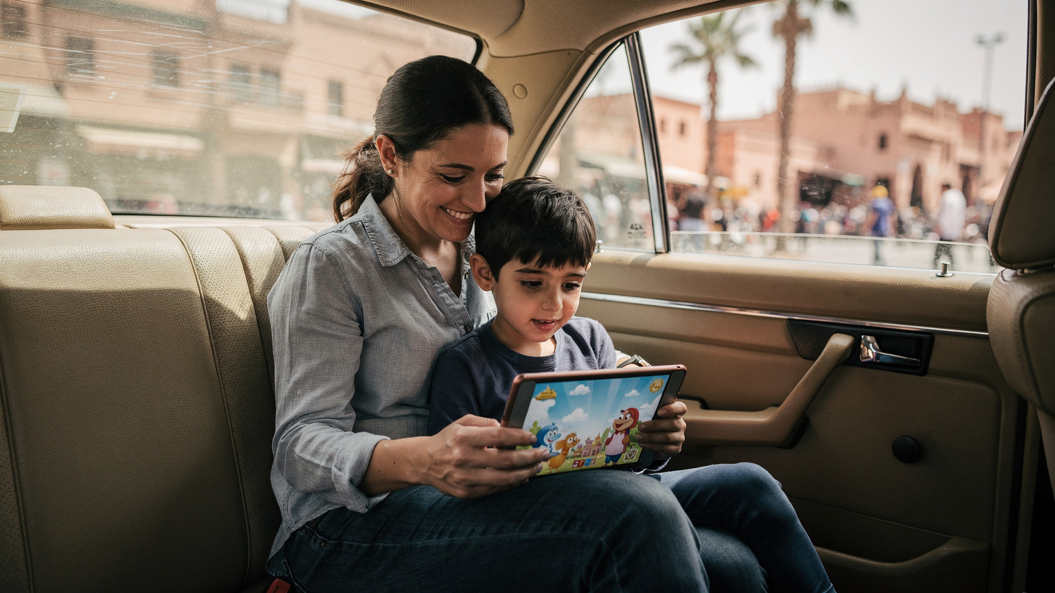 Une mère souriante aide son enfant à utiliser une tablette pour regarder un dessin animé, à l'arrière d'un grand taxi en mouvement à Marrakech, avec le paysage urbain en arrière-plan.