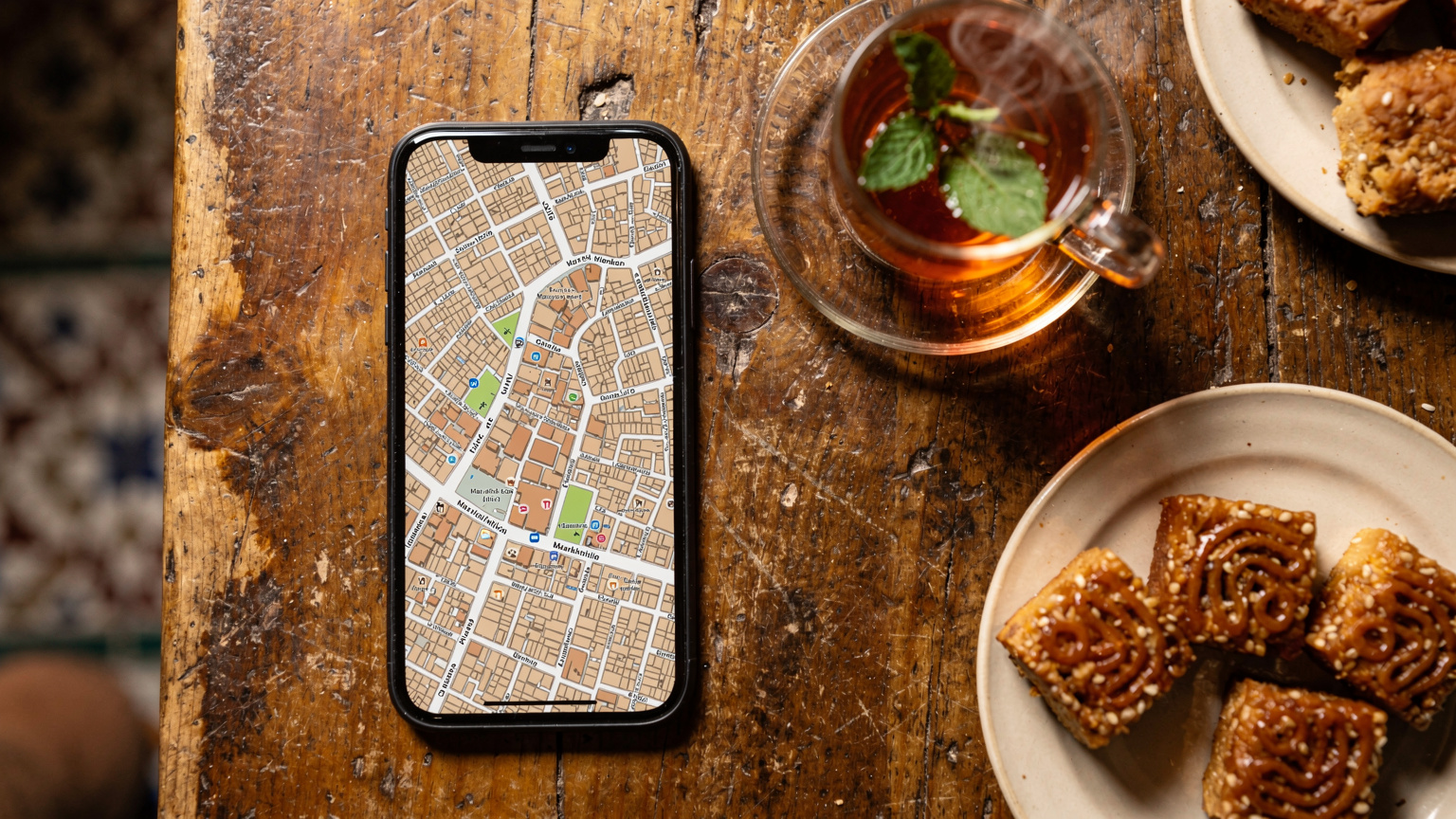 Un téléphone portable affichant une carte hors ligne de Marrakech, posé sur une table en bois d'un café traditionnel dans le quartier de la Médina, avec un verre de thé à la menthe et des pâtisseries marocaines en arrière-plan flou.