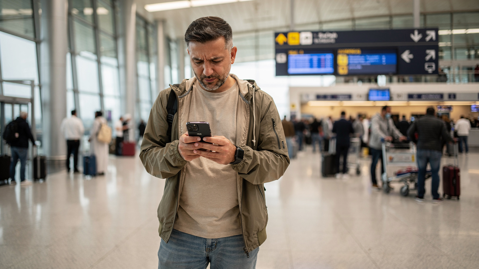 Un homme tenant un smartphone compatible eSIM, regardant l'écran avec une expression de légère frustration, dans le hall d'arrivée bondé de l'aéroport Mohammed V de Casablanca, des voyageurs avec des valises passant en arrière-plan.