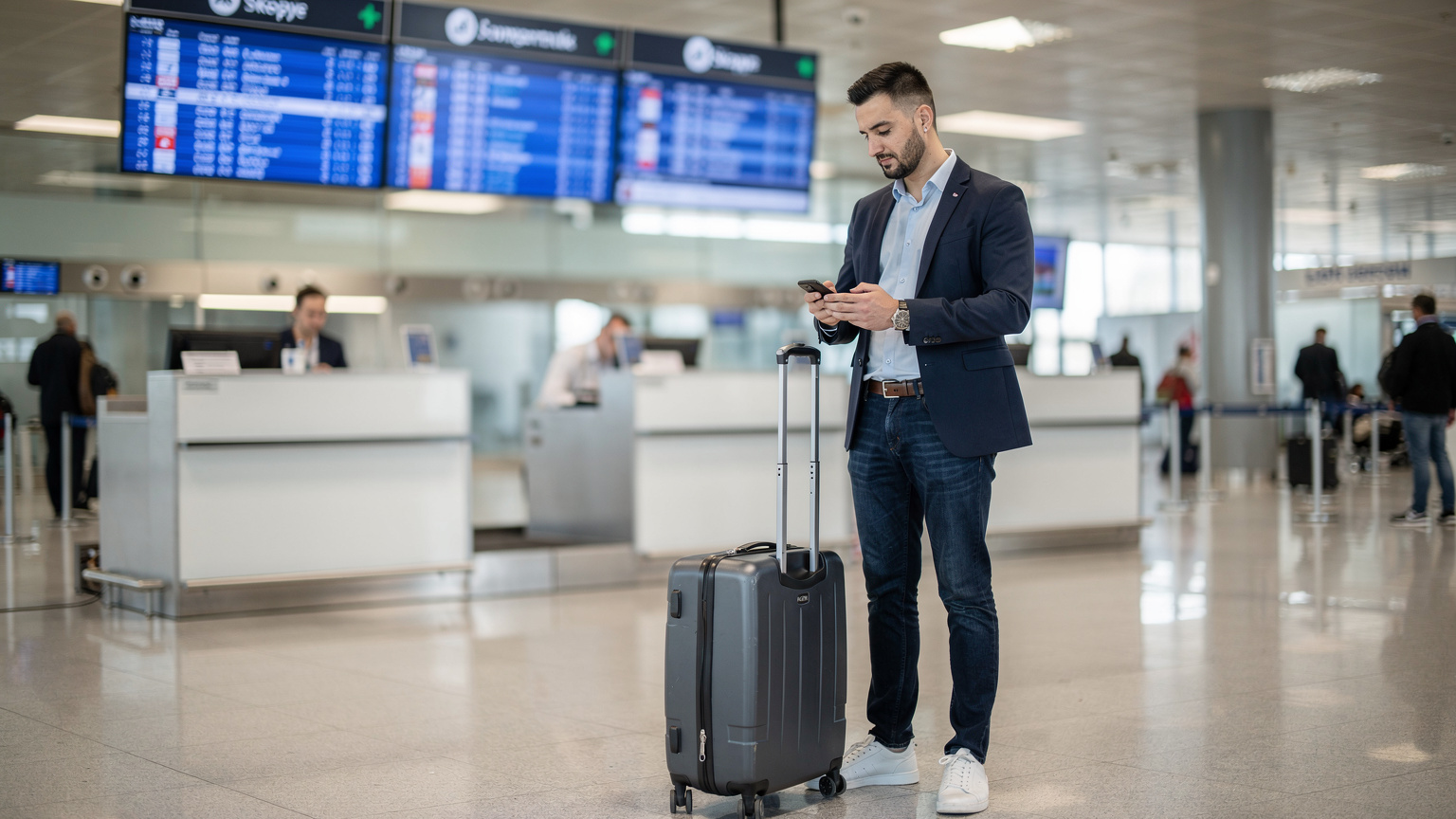 Ein Reisender am Flughafen Skopje liest die Informationen auf seinem Telefon, während im Hintergrund ein Abflug-Board zu sehen ist.