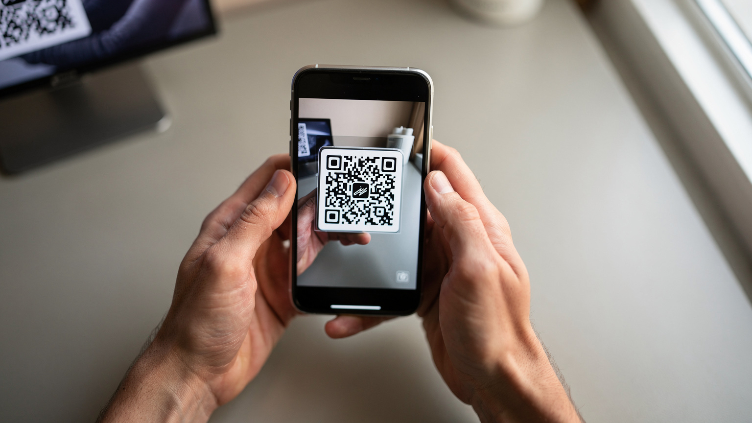 Nahaufnahme einer Hand, die ein Smartphone hält, während ein QR-Code zur Aktivierung einer eSIM gescannt wird.
