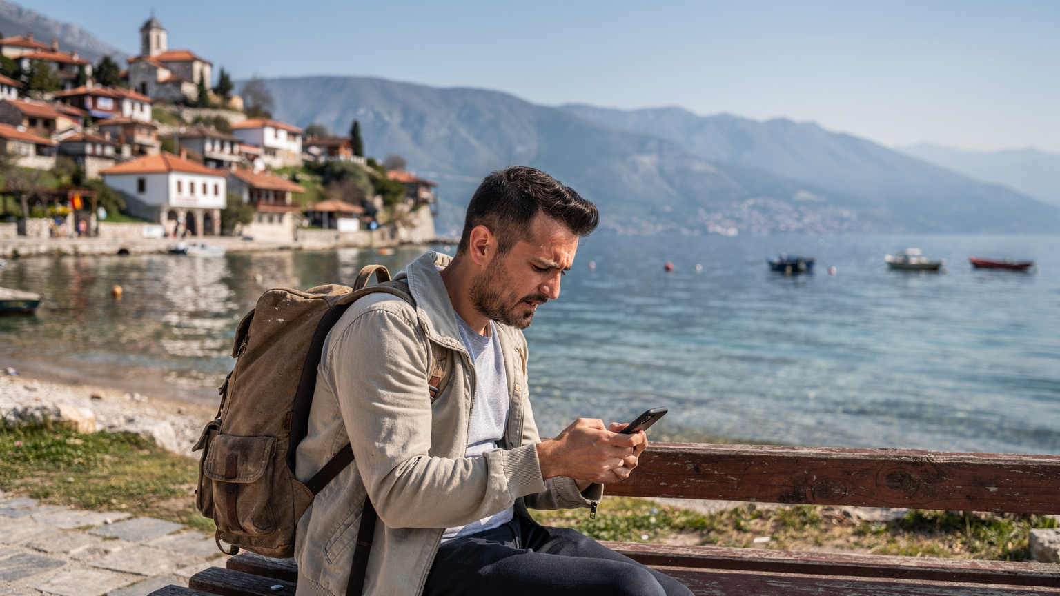 Ein Reisender sitzt auf einer Bank am Ohridsee, Nordmazedonien, und blickt besorgt auf sein Smartphone, das kaum Empfang hat.